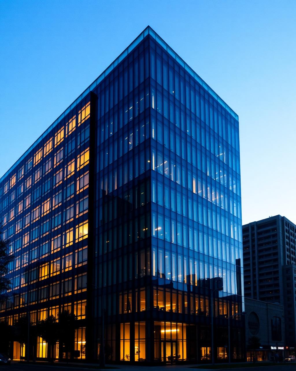 Edificio corporativo y residencial moderno al atardecer, con fachada de vidrio iluminada