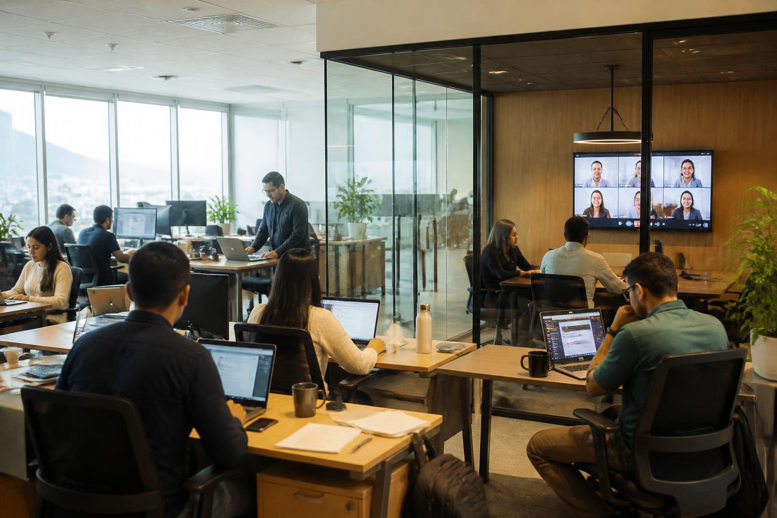 Equipo de trabajo en una oficina moderna usando laptops mientras una videollamada se muestra en la pantalla de la sala