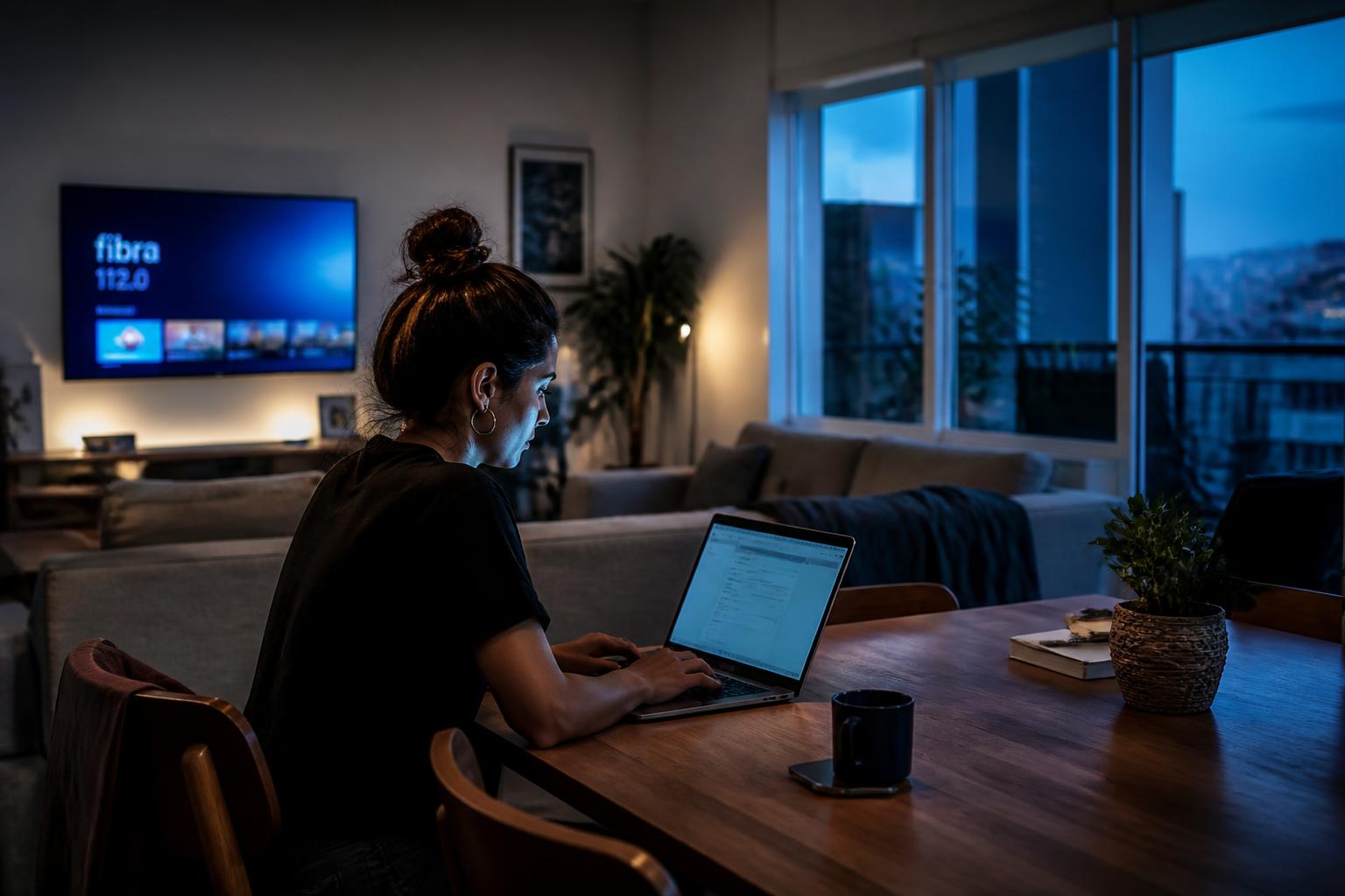 Mujer trabajando con laptop en la sala de su casa mientras una Smart TV y un smartphone siguen conectados a la red de fibra óptica