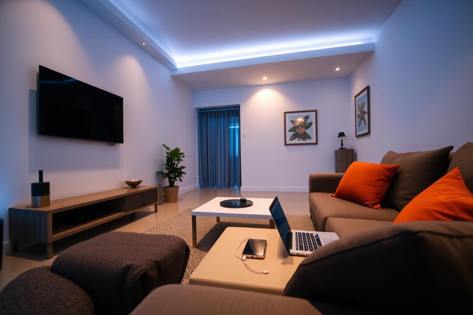 Sala de estar moderna con Smart TV encendida, laptop abierta y smartphone conectados simultáneamente a internet por fibra óptica