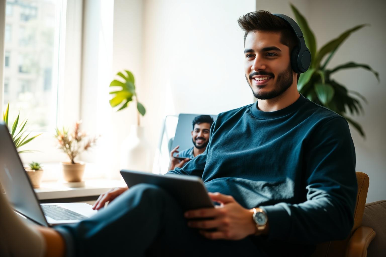 Persona en videollamada de trabajo desde un home office iluminado, con laptop, monitor externo y auriculares