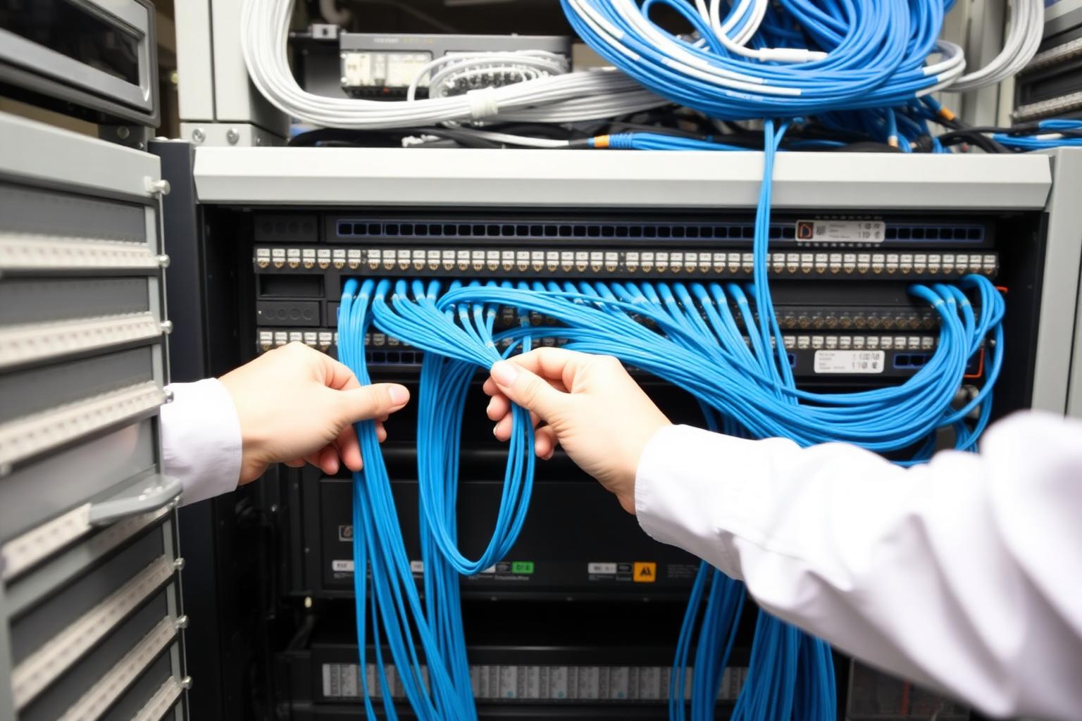 Técnico de telecomunicaciones conectando cables en un panel de distribución de fibra óptica