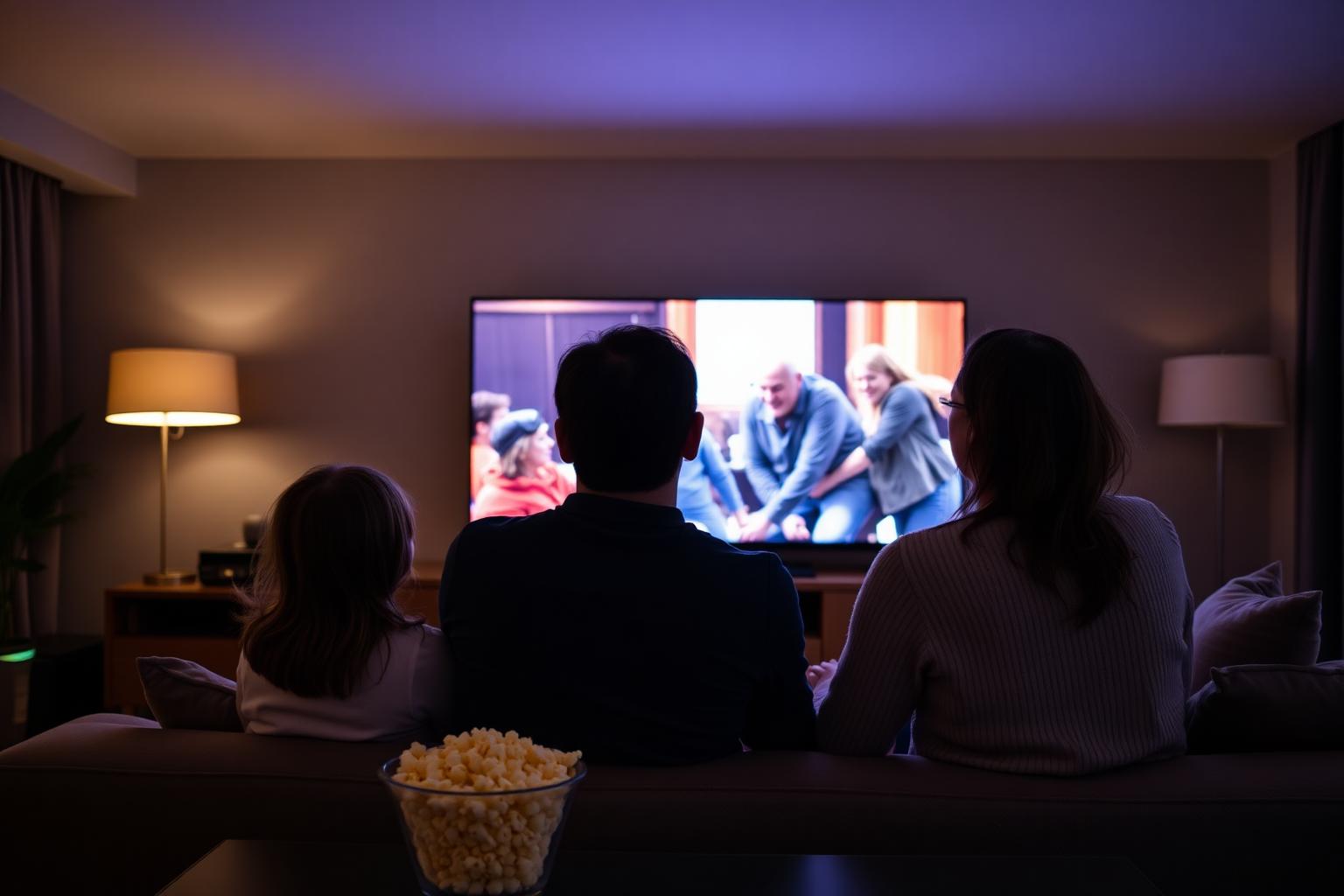 Familia sentada en el sofá viendo una serie en streaming en una Smart TV de alta definición