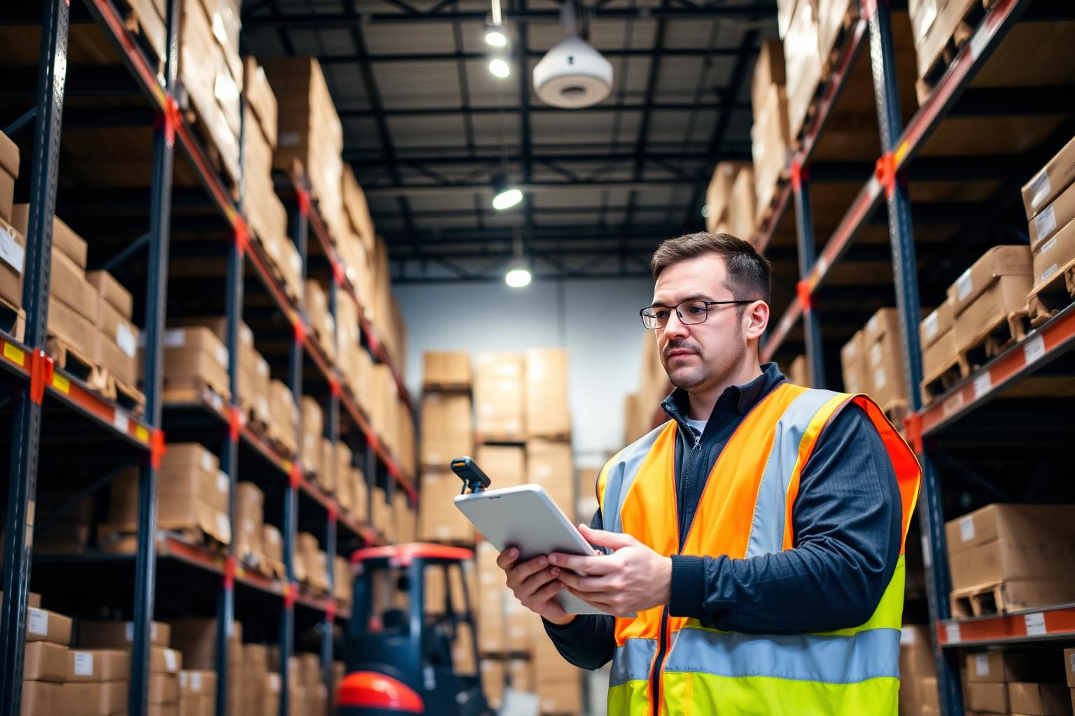 Colaborador revisando inventario con una tablet dentro de una bodega logística con estanterías y cámaras de seguridad